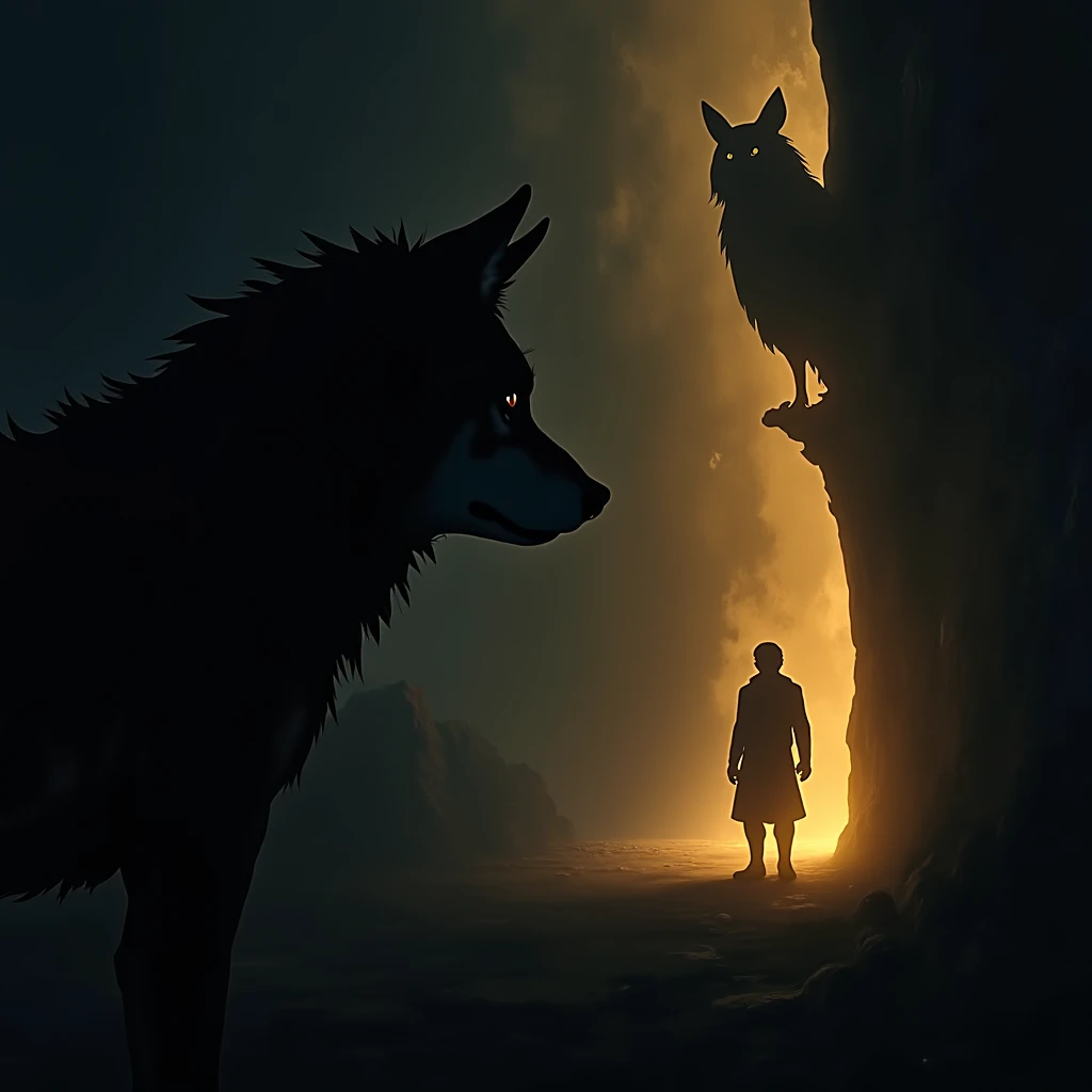  imagine this animated scene /design: Zayn, the wolf, In the midst of darkness, with a thoughtful and intrigued look . Behind him,  a beam of golden light illuminates part of its face ,  symbolizing the revelation of a powerful secret . In the background, ...