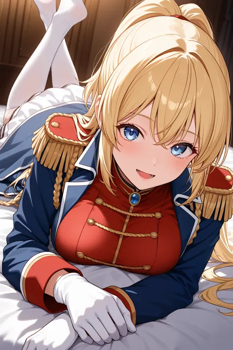 {{{masterpiece}}}, {{{best quality}}}, {{ultra-detailed}}, {illustration}, {{an extremely delicate and beautiful}},(Lolita:1.3)YuinshielAsteria, blonde　long hair, ponytail　red shirt, white skirt, blue coat, epaulettes, white thighhighs, white gloves　large　...