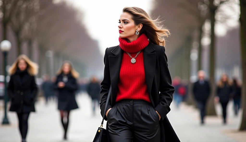 Brighten Women's Faces 、 I'm walking alone on the Champs-Elysées in Paris、 a nice red sweater and a nice black skirt 、 Red Muffler 、Wearing a black trench coat 、 with earrings and necklaces、With earrings、Handbag in hand、 real 