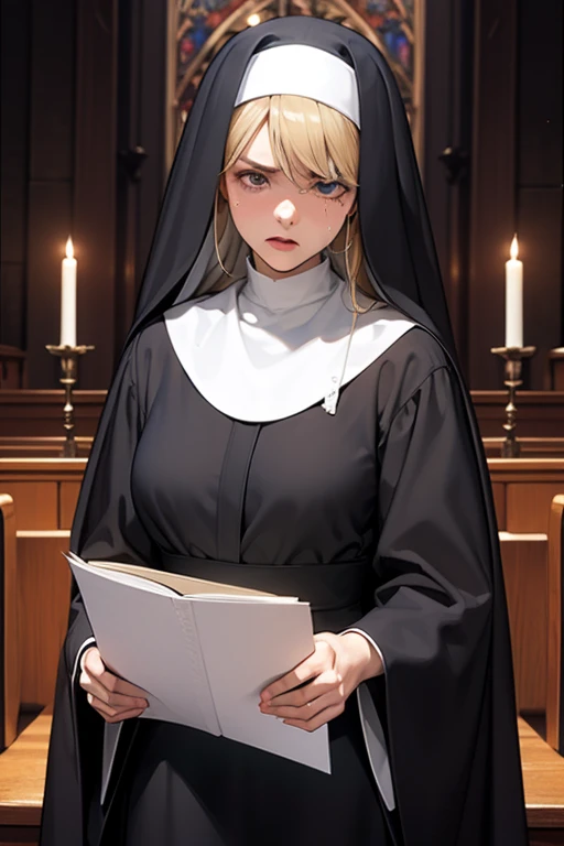 midnight chapel, nun, blonde, looking at camera angrily, tears
