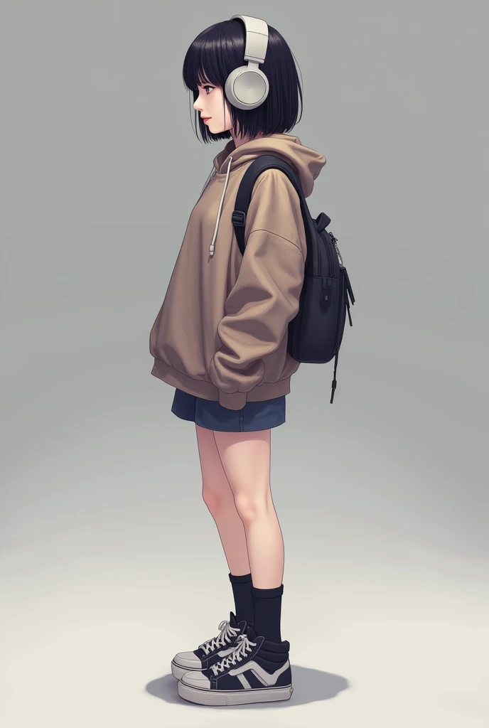  1 girl, Alone, standing, short bob, Bowl Cut, straight bang ,  black hair, socks, Platform Sneakers , headphones,knapsack ,(8k,  RAW photos in the loop,  top quality, Masterpiece, is present, photo- is present,  Ultra Fine 8k Wallpaper ,   sharp concentra...