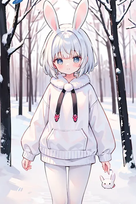 rabbit woman, rabbit ears, cute aspect, innocent face, innocent,, white short hair, white snow clothes, short skirt, leggins,, snow, snowy forest, winter