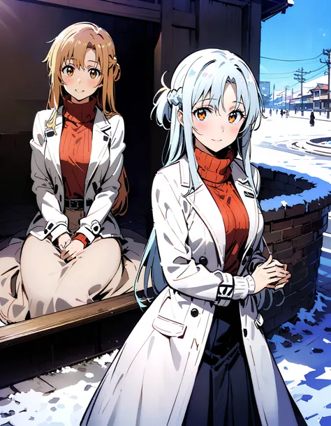 Asuna Yuki , bangs,Alone, monochrome,  braided, Hair,  brown eyes,single  braided,Medium breast,smile,blush, open their mouths, red scarf,White Down Coat , ( sweater :1.2),( turtleneck:1.2), long skirt ,  boots, standing,snow,whole bodyがイラストに入るように, break l...