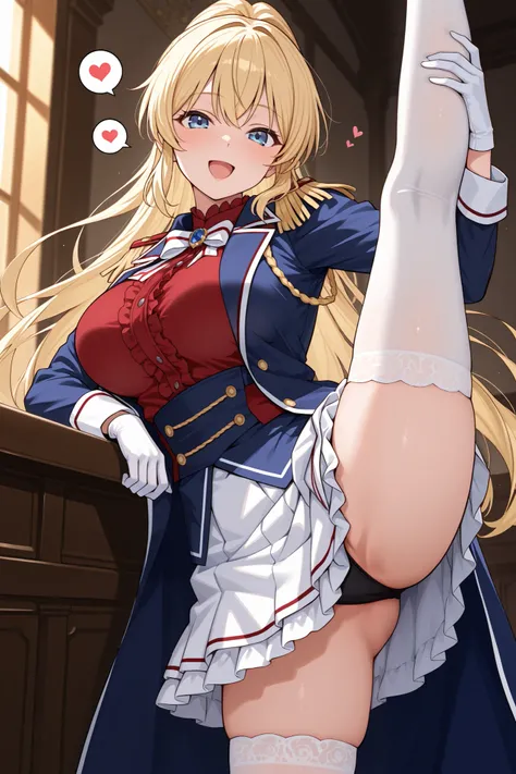 {{{masterpiece}}}, {{{best quality}}}, {{ultra-detailed}}, {illustration}, {{an extremely delicate and beautiful}},(Lolita:1.3)YuinshielAsteria, blonde　long hair, ponytail　red shirt, white skirt, blue coat, epaulettes, white thighhighs, white gloves　large　...