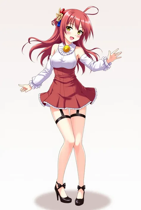 anime girl, young girl, (full body shot: 1.3), (bell around neck: 1.2), (miniskirt: 1.6), (garter straps: 1.2), (gaps between legs: 1.6), high heels, (high heels: 1.3), (bows on thighs: 1.1), (full chest: 1.6), (short skirt pulled up: 1.6), anime style