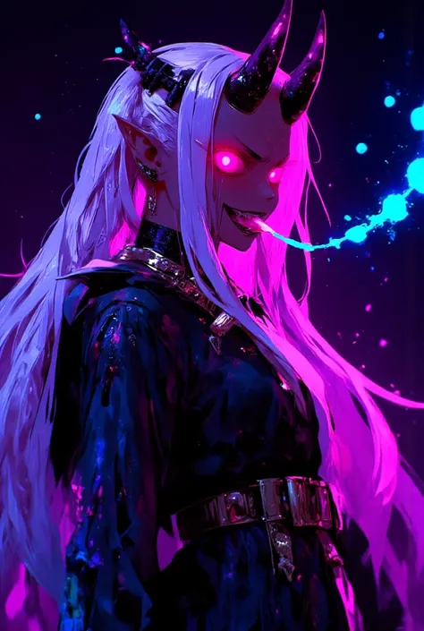 

An anime-style illustration of a demonic character with long, glowing white hair and glowing pink eyes, positioned upright. The character has sharp fangs, black curved horns with neon purple and pink highlights, and an intense, menacing expression. Their...