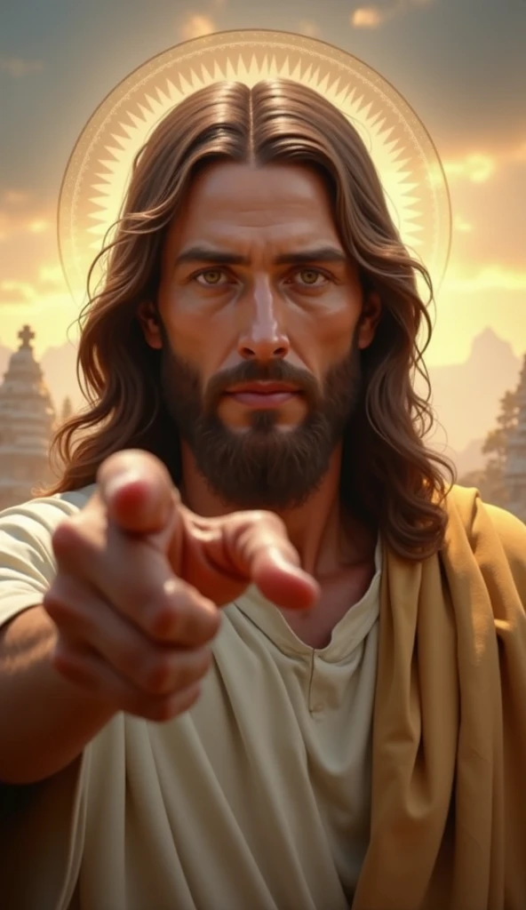  An image of Jesus looking at the screen/camera and pointing at it , with a scene of peace behind him. Realistic, high-resolution image. With the face of Jesus bigger and closer to the middle of the image. The focus should be on the face,  a bit big.