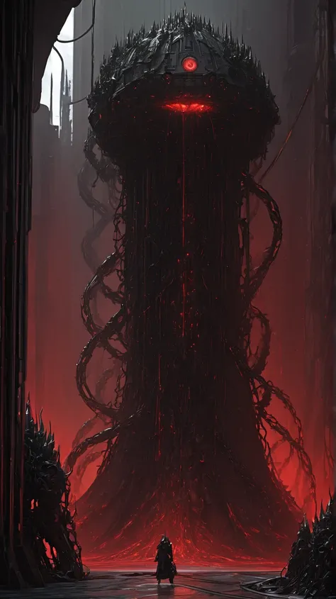 In the heart of a gothic-industrial spaceship, a towering black monolith is being transported on a mechanized platform surrounded by heavy machinery and humanoid servitors. The monolith glows faintly with pulsating, dark red patterns that shift like living...