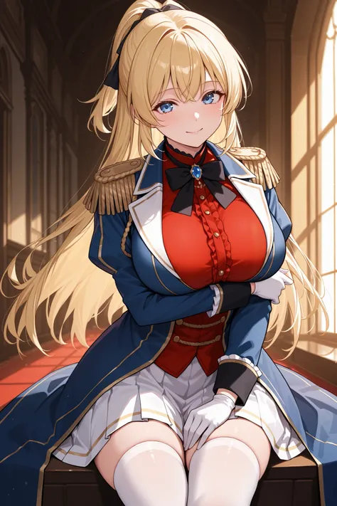 {{{masterpiece}}}, {{{best quality}}}, {{ultra-detailed}}, {illustration}, {{an extremely delicate and beautiful}},(Lolita:1.3)YuinshielAsteria, blonde　long hair, ponytail　red shirt, white skirt, blue coat, epaulettes, white thighhighs, white gloves　large　...