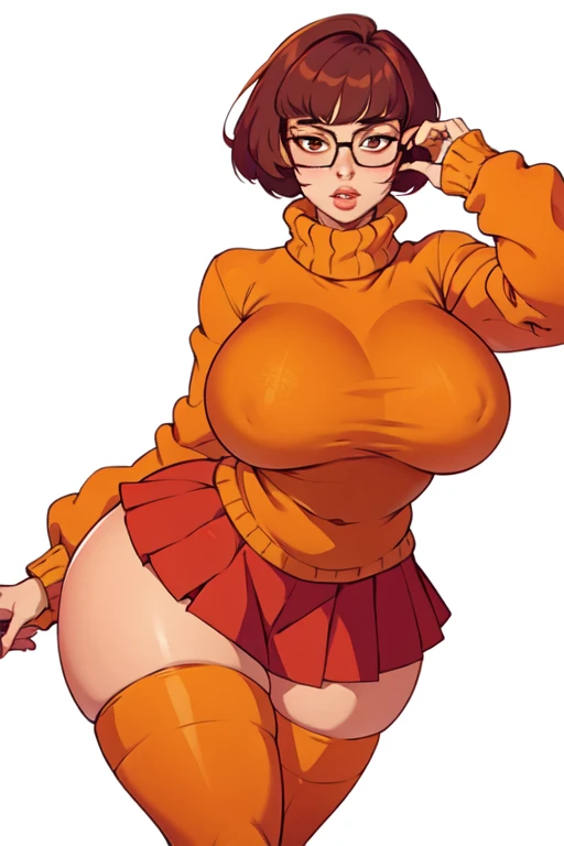 masterpiece,best quality,extreme detail,8k,white background,velma2,1girl,solo,breasts,short hair,bangs,skirt,large breasts,brown hair,shirt,thighhighs,brown eyes,thighs,pleated skirt,glasses,sweater,lips,zettai ryouiki,turtleneck,thick thighs,turtleneck sw...