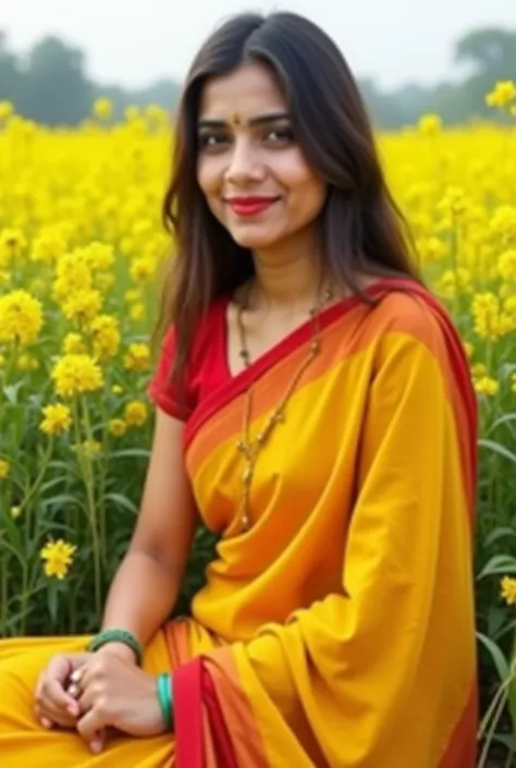 Create beautiful fair Bangladeshi girls. 

The girl is thirty years old. 

The girl wears a red and mustard yellow saree. 

She is sitting in the middle of the mustard field. 

Show her face clearly from the front. 

The girl's body should be normal. 

Not...