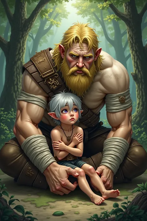 realistic illustrations a giant human barbarian with blond hair green eyes and tanned white skin full of bandages lying on the ground hugging his little human brother with violet eyes and silver hair and tanned fair skin taking care of the barbarian brothe...