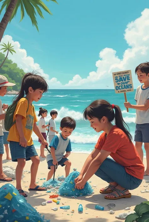 Conservation efforts: People cleaning beaches or holding "Save Our Oceans" signs.  