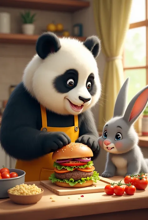 Panda making burger food for rabit 