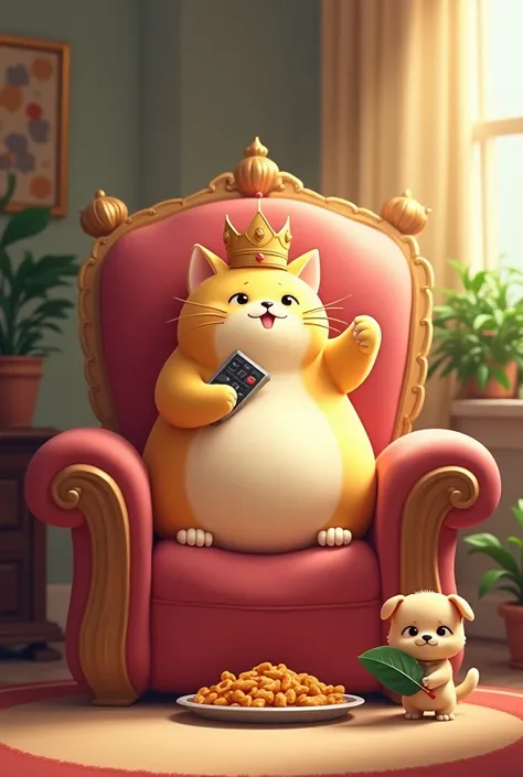 "A chubby cartoon cat sits like a king on a giant, overstuffed pillow throne. It has a tiny crown on its head and holds a remote control in one paw, with a huge tray of snacks nearby. A tiny dog stands beside the throne, looking annoyed as it fans the cat ...