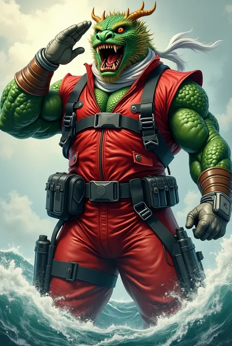 (A rugged beefy extremely muscular bulky snarling  green old chinese dragon), (wearing red fully-zipped fullbody wetsuit), saluting, wearing bulky harness, wearing bulky scuba gear, wearing white hero scarf, muscular physique, toned muscles, fierce, heroic...