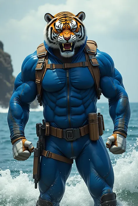 (A rugged beefy extremely muscular bulky old man), (wearing blue fully-zipped fullbody wetsuit), (wearing realistic roaring tiger mask), raising fists,  wearing bulky harness, wearing bulky scuba gear, muscular physique, toned muscles, fierce, heroic, acti...