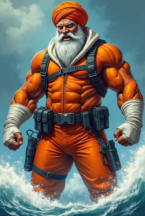 (A rugged beefy extremely muscular bulky snarling  sikh old man), (wearing orange fully-zipped fullbody wetsuit), flexing his arms, wearing bulky harness, wearing bulky scuba gear, wearing white hero scarf, muscular physique, toned muscles, fierce, heroic,...