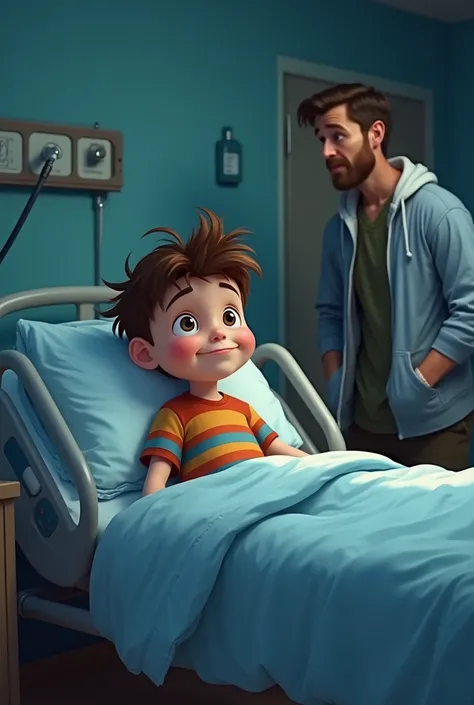 A hospital room with a  on the bed, dim lighting. The devastated father is standing nearby with tears in his eyes. The cheerful cartoon-like boy with big brown eyes, messy brown hair, and a striped colorful shirt is not there—only an empty bed remains, dee...