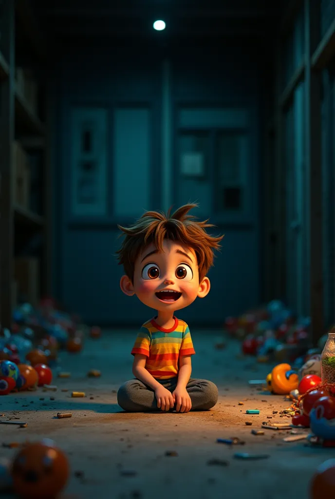 A dark, abandoned warehouse with scattered toys on the floor. A weak light shines on a corner where the cheerful cartoon-like boy with big brown eyes, messy brown hair, and a striped colorful shirt sits, scared but hopeful, waiting to be found.