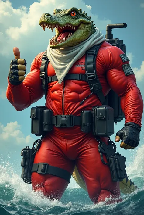 (A rugged beefy extremely muscular bulky smiling  crocodile man), (wearing red fully-zipped fullbody wetsuit), thumbs up pose, wearing bulky harness, wearing bulky scuba gear, wearing white hero scarf, muscular physique, toned muscles, fierce, heroic, acti...