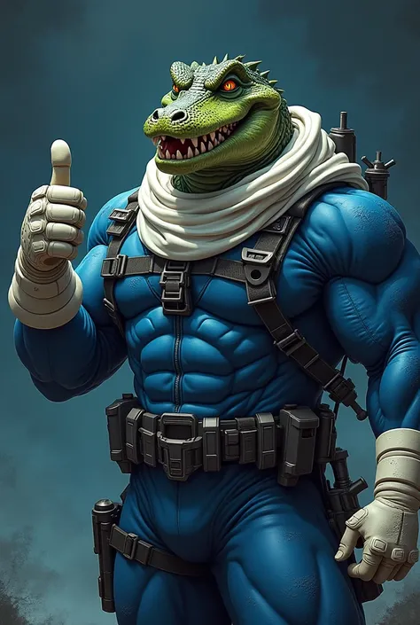 (A rugged beefy extremely muscular bulky smiling  crocodile man), (wearing blue fully-zipped fullbody wetsuit), thumbs up pose, wearing bulky harness, wearing bulky scuba gear, wearing white hero scarf, muscular physique, toned muscles, fierce, heroic, act...