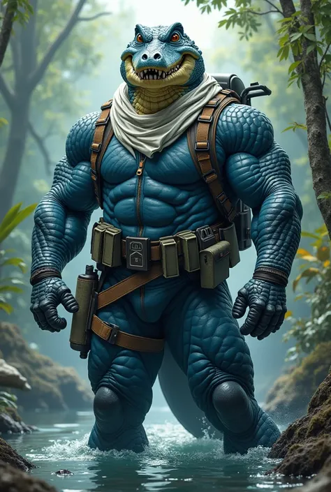 (A rugged beefy extremely muscular bulky smiling  crocodile man), (wearing blue fully-zipped fullbody wetsuit), thumbs up pose, wearing bulky harness, wearing bulky scuba gear, wearing white hero scarf, muscular physique, toned muscles, fierce, heroic, act...