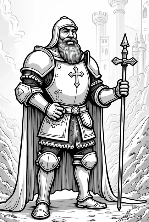 create an image of a medieval knight in a ren's cartoon style "MUST BE IN BLACK AND WHITE" MUST NOT HAVE COLOR