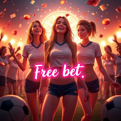 create sport banner text says "COBLOS4D FREE BET", text on center, flying chips, flying cards, red themes background, detailed text, Beauty Anak SMA high-school uniform, beauty big breast, show pubic hairs, vivid colors, bokeh, in the act of kicking on fir...