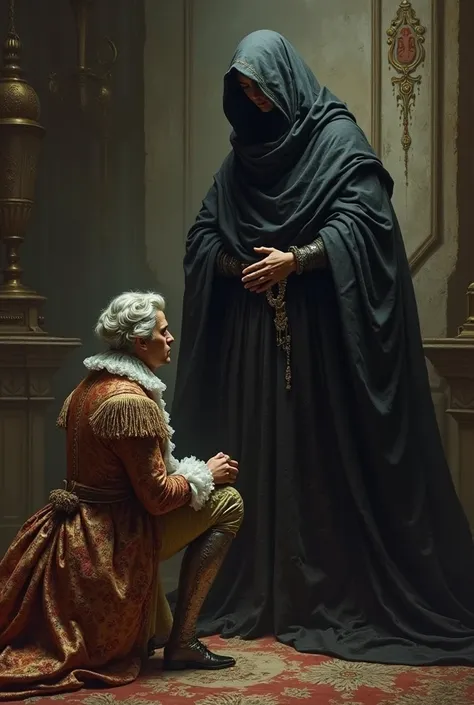 A count in the clothing of Louis 16 bowing to a witch with