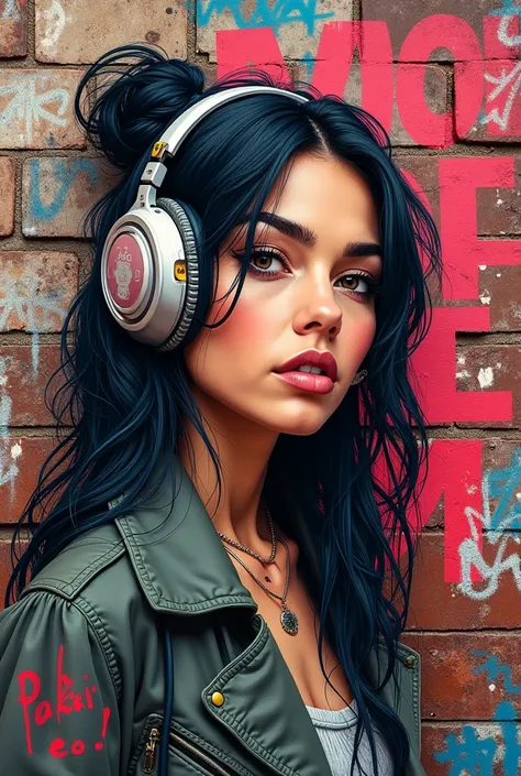 Street art painting with girl  wearing head phones grafitti style graphic with text on the image URBAN VIBES ONLY