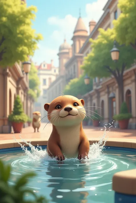 A square with an otter in a fountain 