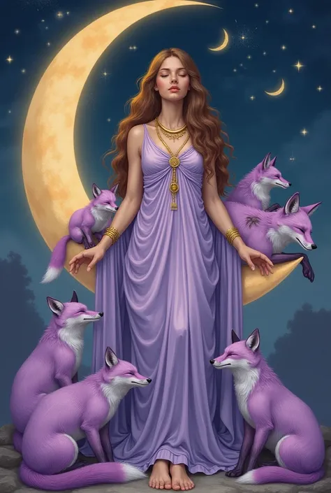 Nisania, the goddess of wisdom and tranquility, is depicted in a Renaissance style with long, wavy brown hair down to her feet, adorned with golden jewelry. She wears a flowing, light purple robe, a dress depicted as a greek cultural clothing. She stands b...