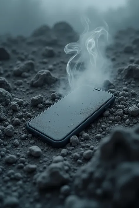 Smarthphone burried in ashes with smoke