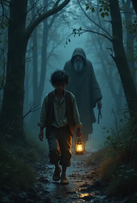 gloomy boy holding lantern walking on the forest at rainy night suddenly an old man call him