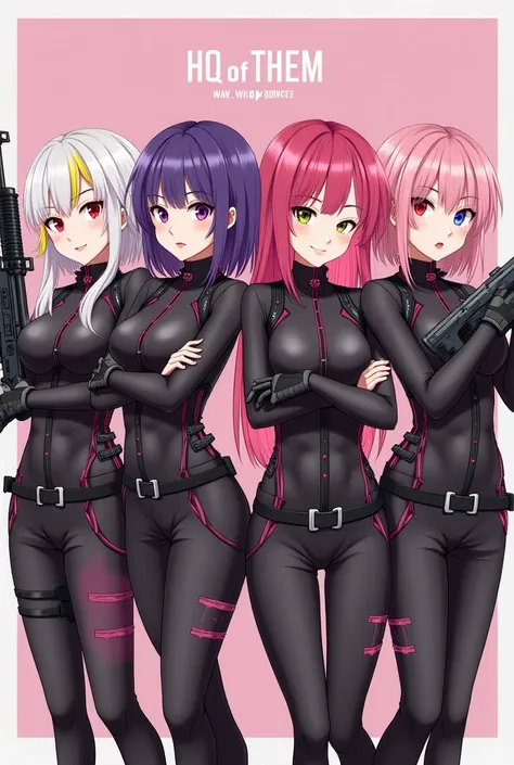  Four female characters , the one on the right with an ak47 ,  pink hair, the one in the middle with their arms crossed , and purple hair ,The one on the left with an Mp40 in her hand , And white hair with yellow,All wearing black and pink clothes, sensual...