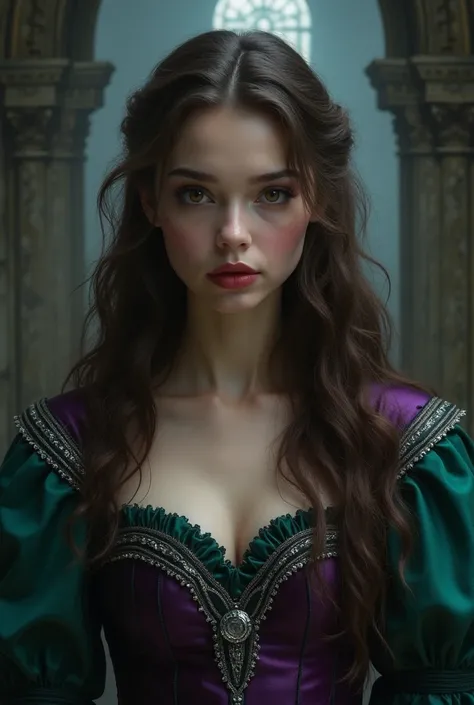 Create a gothic portrait of Princess Amanda Harroway, a 26-year-old royal from the kingdom of Zenra. She has long, wavy brown hair cascading down her back, with deep brown eyes that carry an intense, piercing gaze. Her expression is reserved yet slightly a...