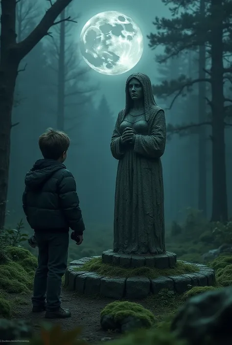 "Lucas is standing in a clearing in the middle of the dark forest, holding his camera and observing a strange stone statue. The statue represents a woman of cracked stone, with her face tilted and her hands clasped together, as if she were crying. All arou...