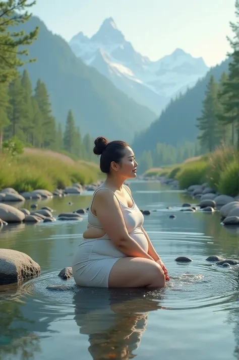 a beautiful, healthy, fat Asian woman, enjoying the beauty of the morning on the edge of a stream, with a backdrop of mountains, round rocks, centrifugal lines,