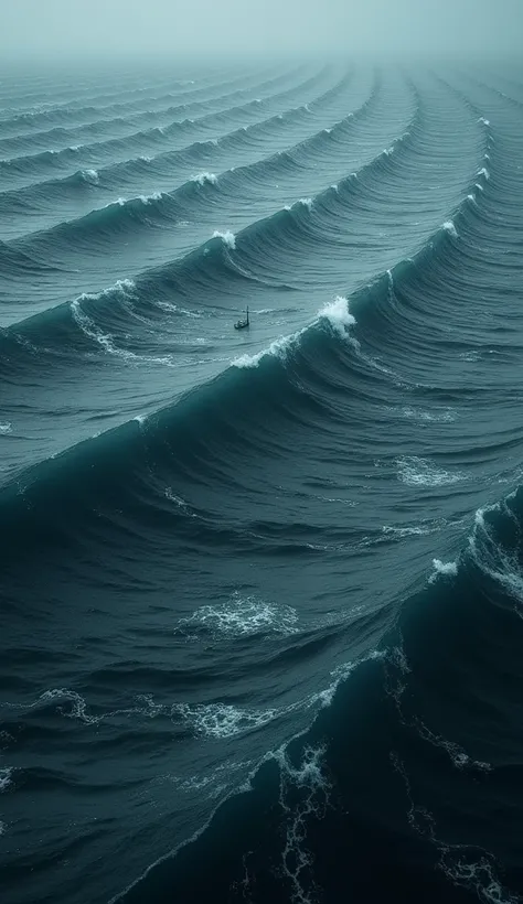 A dramatic scene in the middle of the sea,  showing tightly composed and repeating waves ,  resembling an array of umbrellas that fill the entire scene .  These waves have a sharp, dark texture ,  creates an intense atmosphere . In the middle of the rollin...