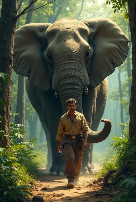 A man walks to the fore in the company of a large elephant tail while wiping it away, against forest background 