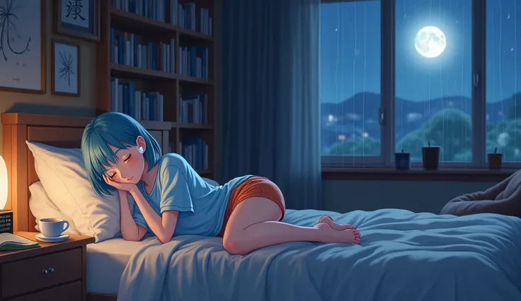 A Japanese anime-style character, 18 years old, with shoulder-length radiant blue hair (#549ed9) styled in a sleek bob with elongated front tips, is peacefully sleeping in her cozy bedroom. The art style is distinctly Japanese anime, featuring delicate fac...