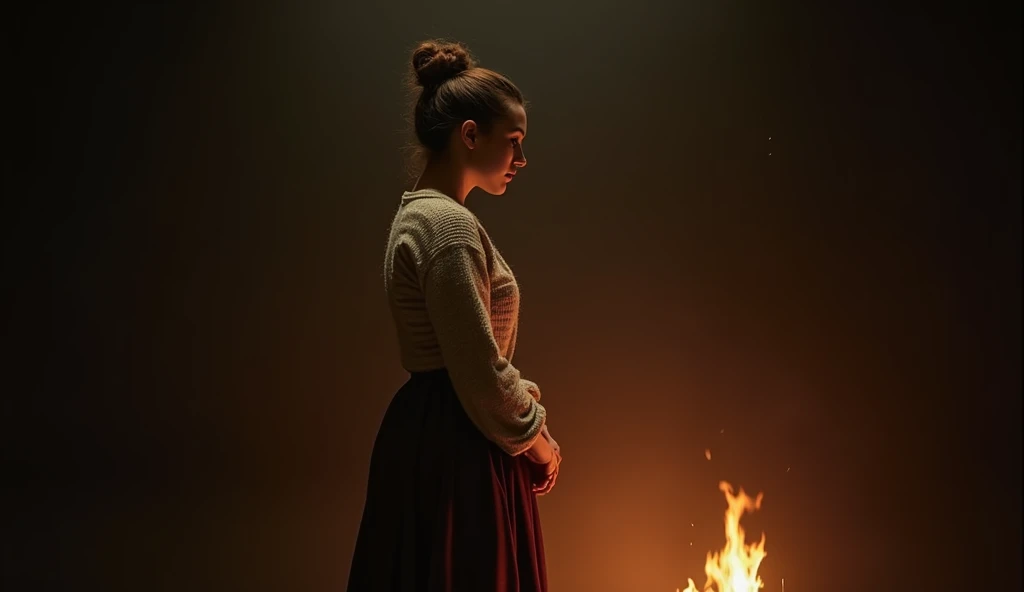 Woman dressed as a peasant. Long skirt heavy to the waist with striped shirt and knitted sweater.  Hair tied up in a congo.  She's 'standing in the middle of a dark room looking into fire.
Dye your hands around the waist. is in profile. 