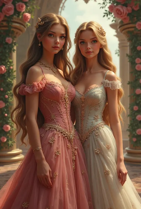 Create 2 sisters ,  one older and one younger ,  with big blonde brown hair ,  the sisters have to be wearing princess dresses,  and the images must be very realistic 