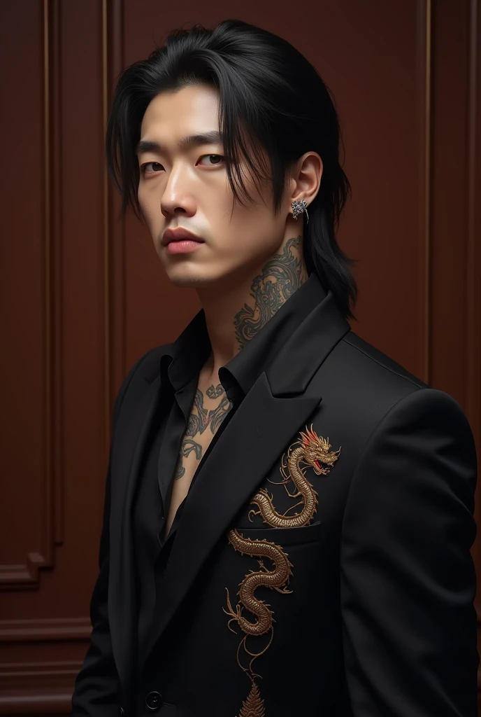 retrato.  realistic image,  photography.  realistic illustration ,  Detailed image . luxury environment, elegance,  high standard . Front view from the back, profile approach .  Half-profile Korean man pose ,  massaging his knuckles . Adult male businessma...