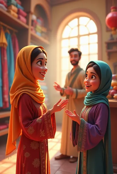 Eid shopping of two sisters, the background will be a cloth shop, and one will have two sisters, and one will have a cloth shopkeeper,,all character animation 