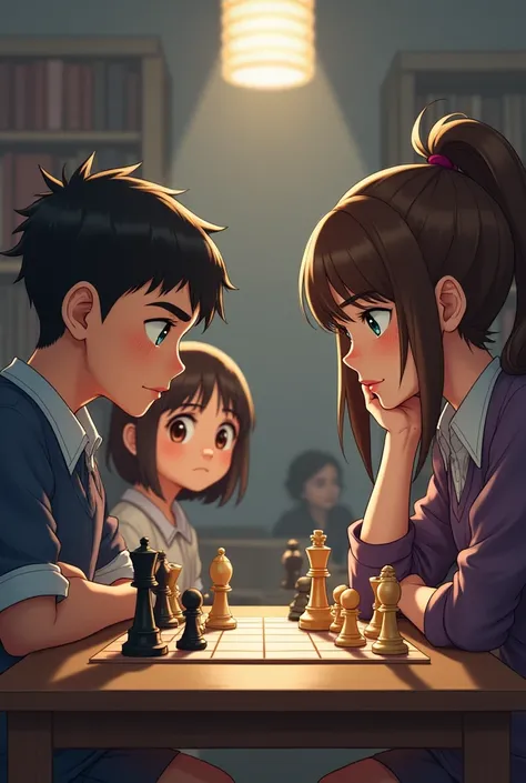 you make 2 opponents playing chess at school that one is a boy and that one is a woman while girl looks at the play and thinks that boy's eyes are looking at it