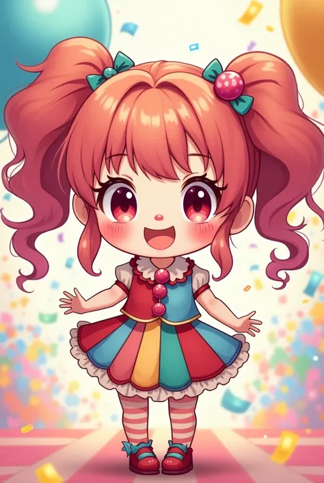 A cute anime girl that is a clown and in a cutecore style also in a chibi style