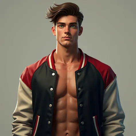 Men, 20 years old, tall, strong, defined, light brown skin, brown hair, green eyes, sharp jaw, broad shoulders, wearing a black and red varsity college expressionless, hyper realistic