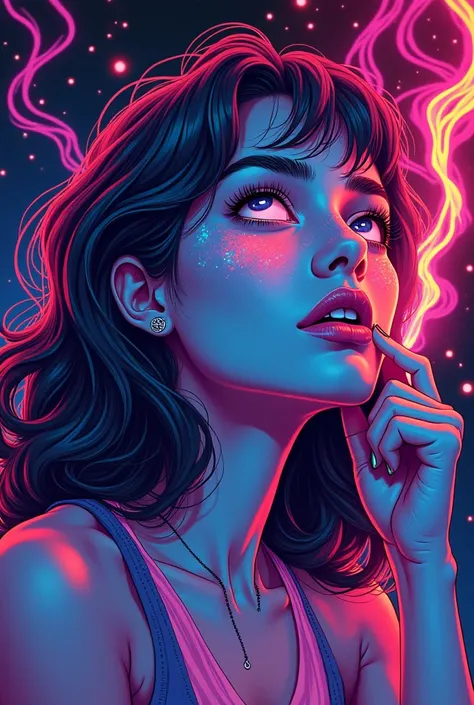 bold neon colors, cartoon style illustration of a woman as she sees the world while experiencing hallucinations, stoned, splash art, splashed neon colors, (iridiscent glowy smoke) ((motion effects)), best quality, wallpaper art, UHD, centered image, MSchif...